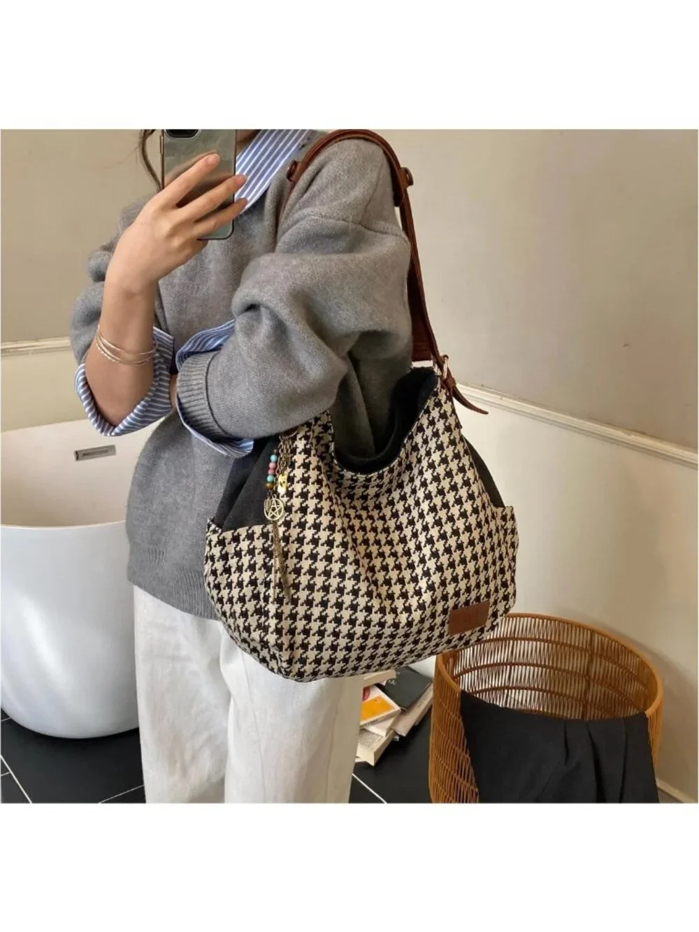 Stylish Canvas Hobo Tote Bag with Multi Pockets, Embroidery, Casual Shoulder